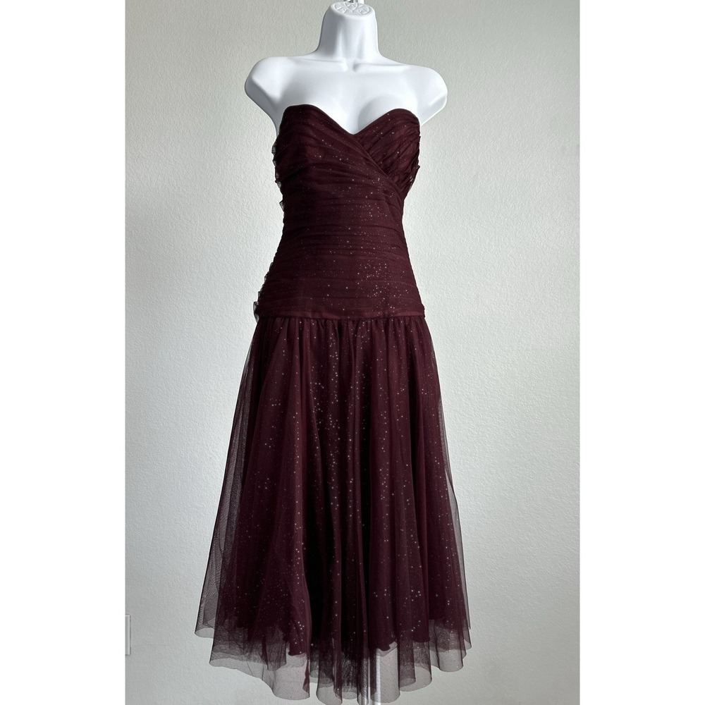VTG 90's Betsey Johnson Maroon Glitter Tulle Dress, Sz: 8 Punk Glam Prom